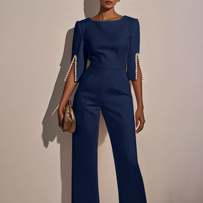 Women's Elegant Round Neck Jumpsuit - Mid-Sleeve With Side Slit Cuffs & Pearl Accents, Back Zipper Design For Casual To Formal Events