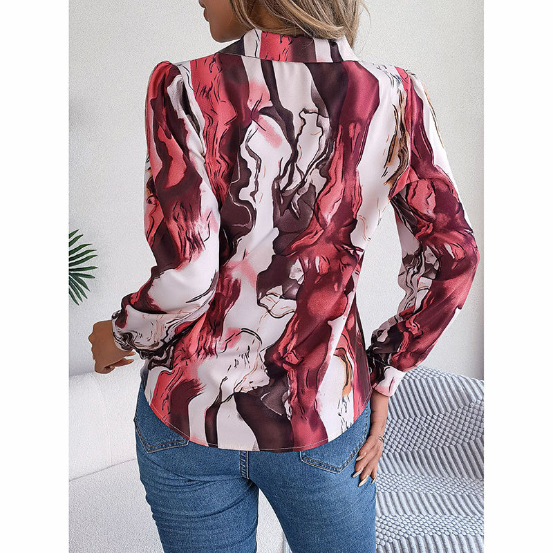Women Fashion Button Down Shirts V Neck Printed Long Sleeve Blouses Dressy Casual Fall Tops