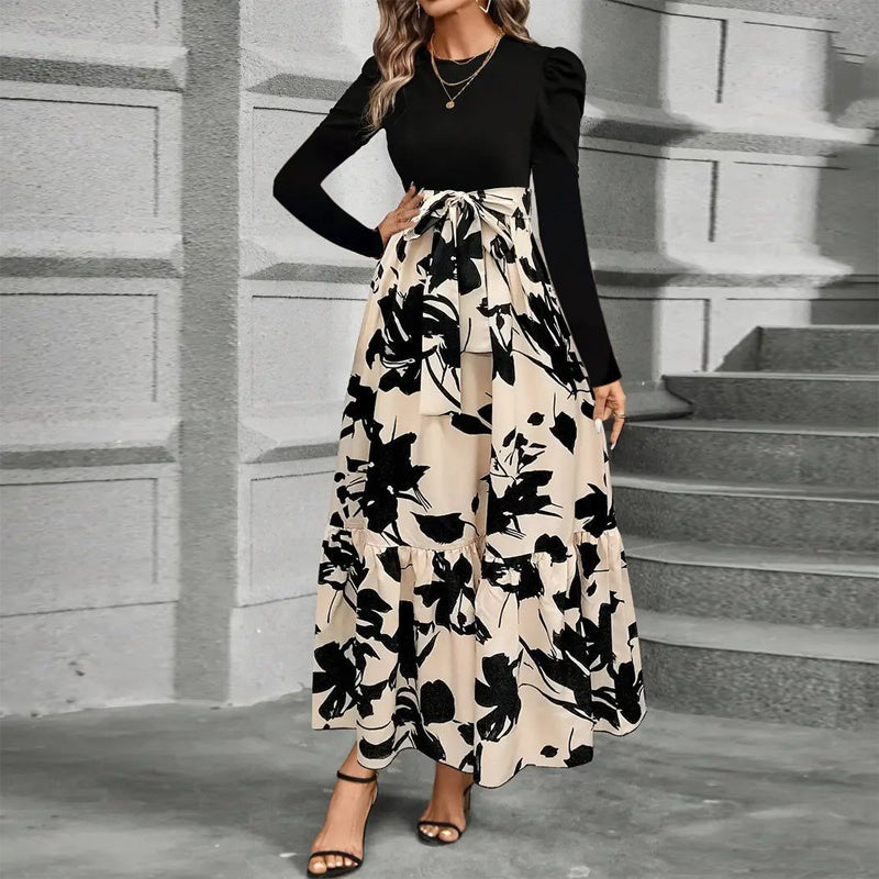 Women's Round Neck Long Sleeve Dress, Patchwork Print & Pleated Maxi Dress With Waist Bow For Spring & Fall