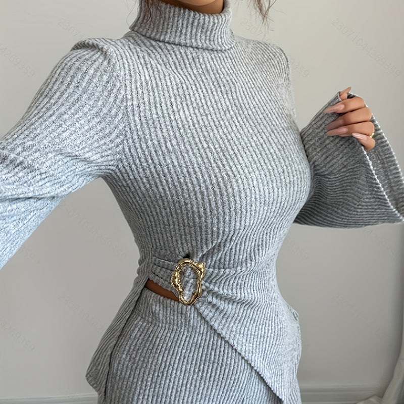 Womens 2 Piece Outfits Turtleneck Matching Lounge Set Flare Sleeve Asymmetrical Top & Wide Leg Pants