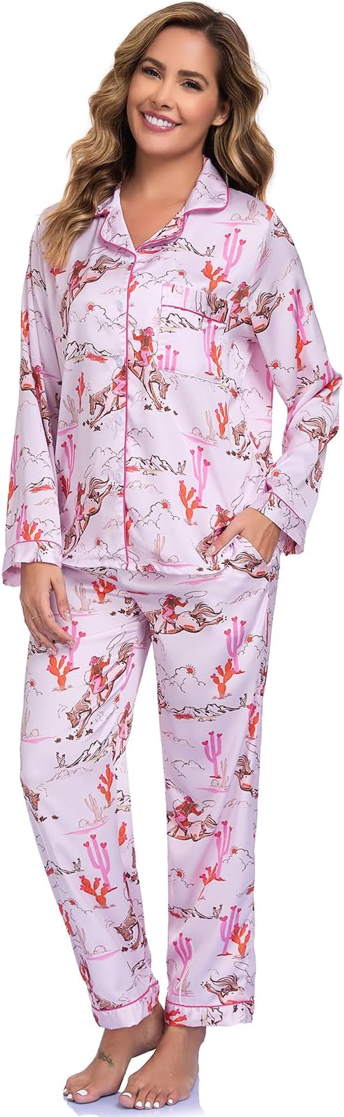 RONGTAI Womens Pajama Sets Button Down Long Sleeve Lapel Shirt With Pocket Matching Pj Pants Two Piece Loungewear Set