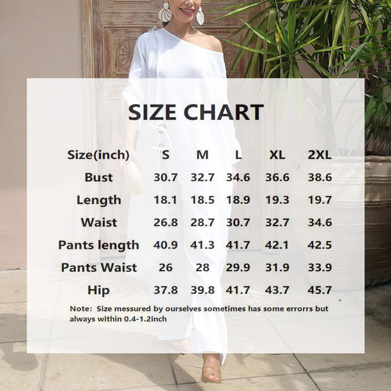 Women's Solid Color Wood Button Asymmetrical Set - Off-Shoulder Relaxed Loungewear Outfits For Spring&Summer
