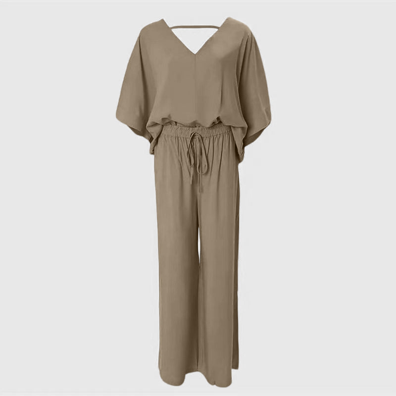 Women's 2 Piece Outfit, Casual Solid Color V-Neck Half Sleeve Top And Wide Leg Pants Lounge Set