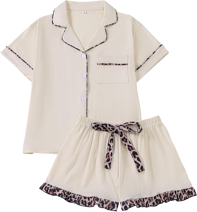 RONGTAI Summer Pajamas For Women Set Short Sleeve Button Down Leopard Pjs Lounge Sets Soft Sleepwear