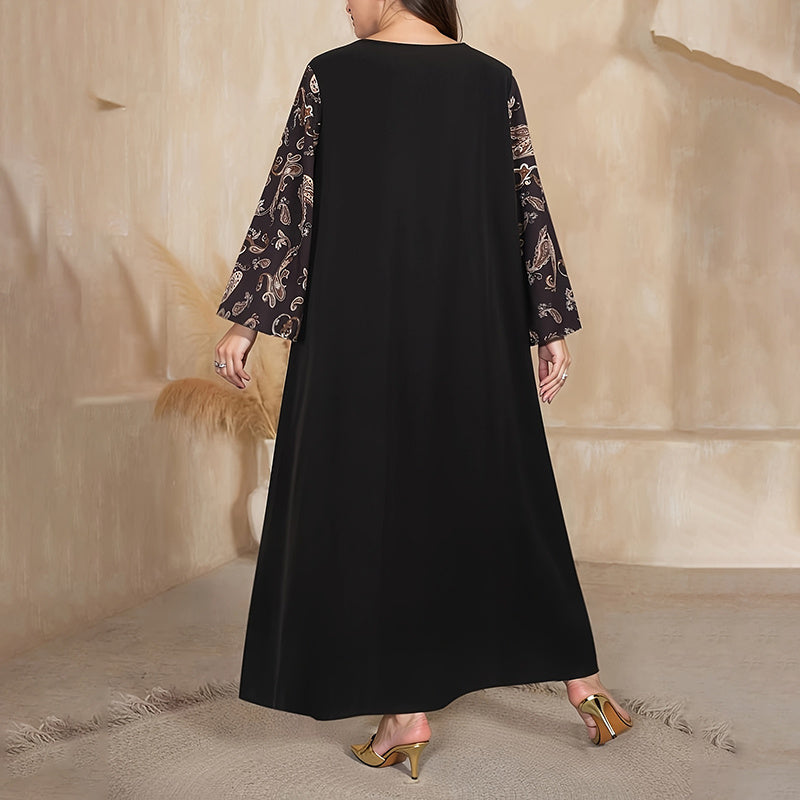 Women's Plus Size Bohemian Floral Printed Maxi Dress, Pleated Front Long Sleeve Crew Neck Loose Fit