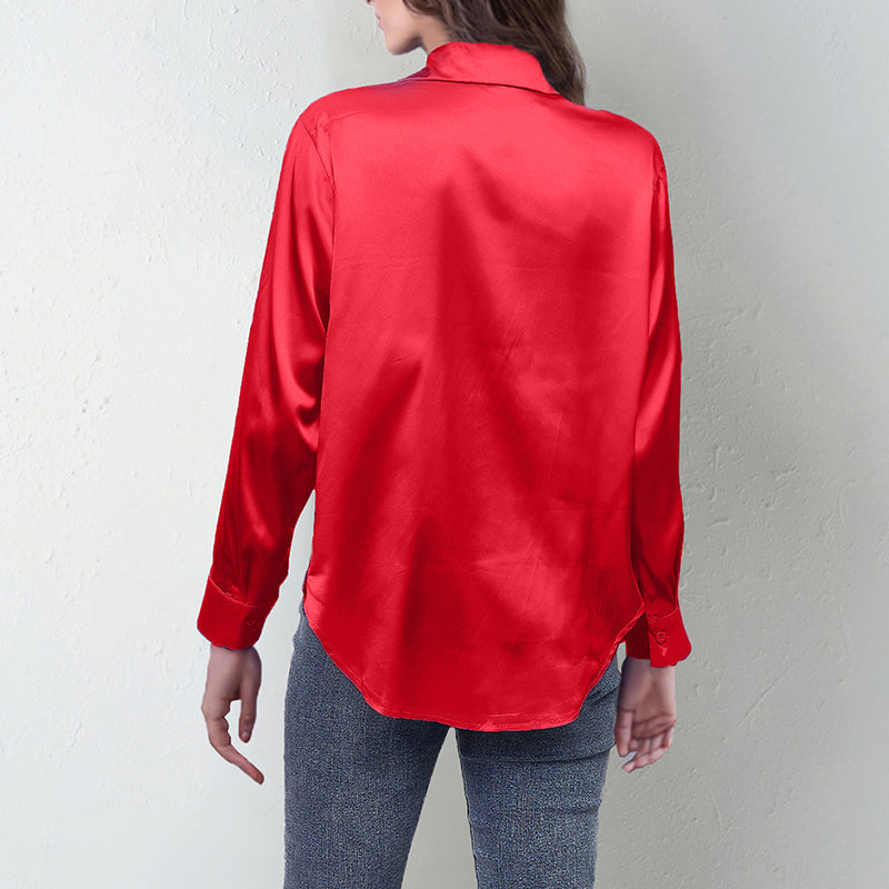 Women's Elegant Satin Lapel Shirt, Long Sleeve Button-Down Blouse For Casual And Office Wear