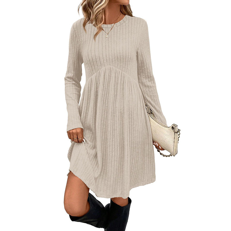Women's Solid Color Long Sleeve Knit Dress Round Neck Pocket Shift Dress For Spring & Fall