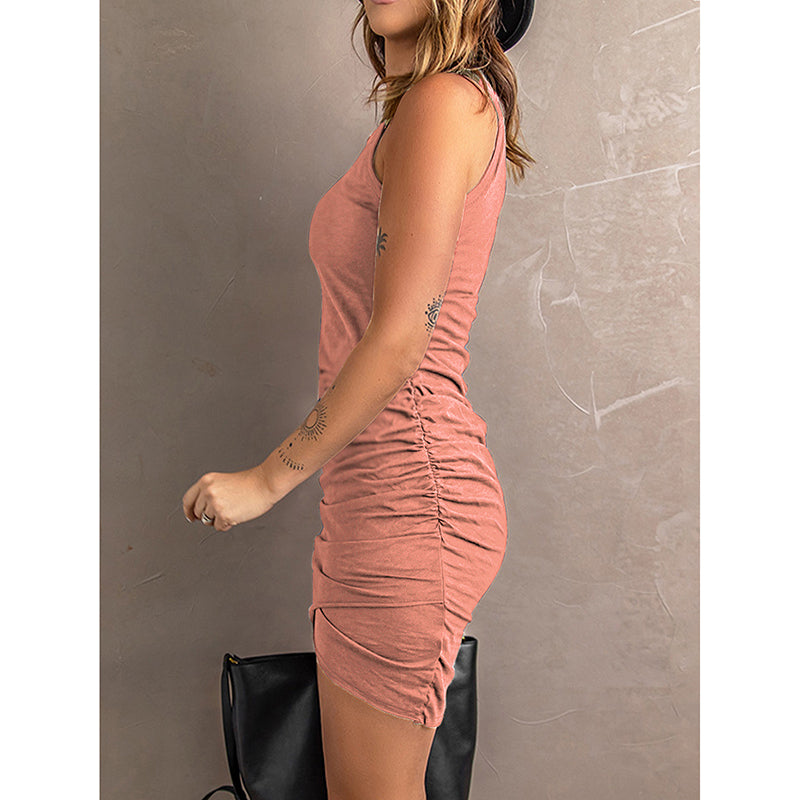 Women Summer Bodycon Ruched Party Club Mini Dress Sleeveless Crew Neck Tight Date Night Tank Short Dresses