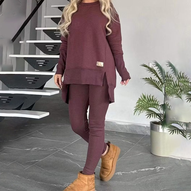 Women's 2-Piece Lounge Set, Casual Long Sleeve Side Slit Sweatshirt Outfit With Stretchy High Waist Leggings
