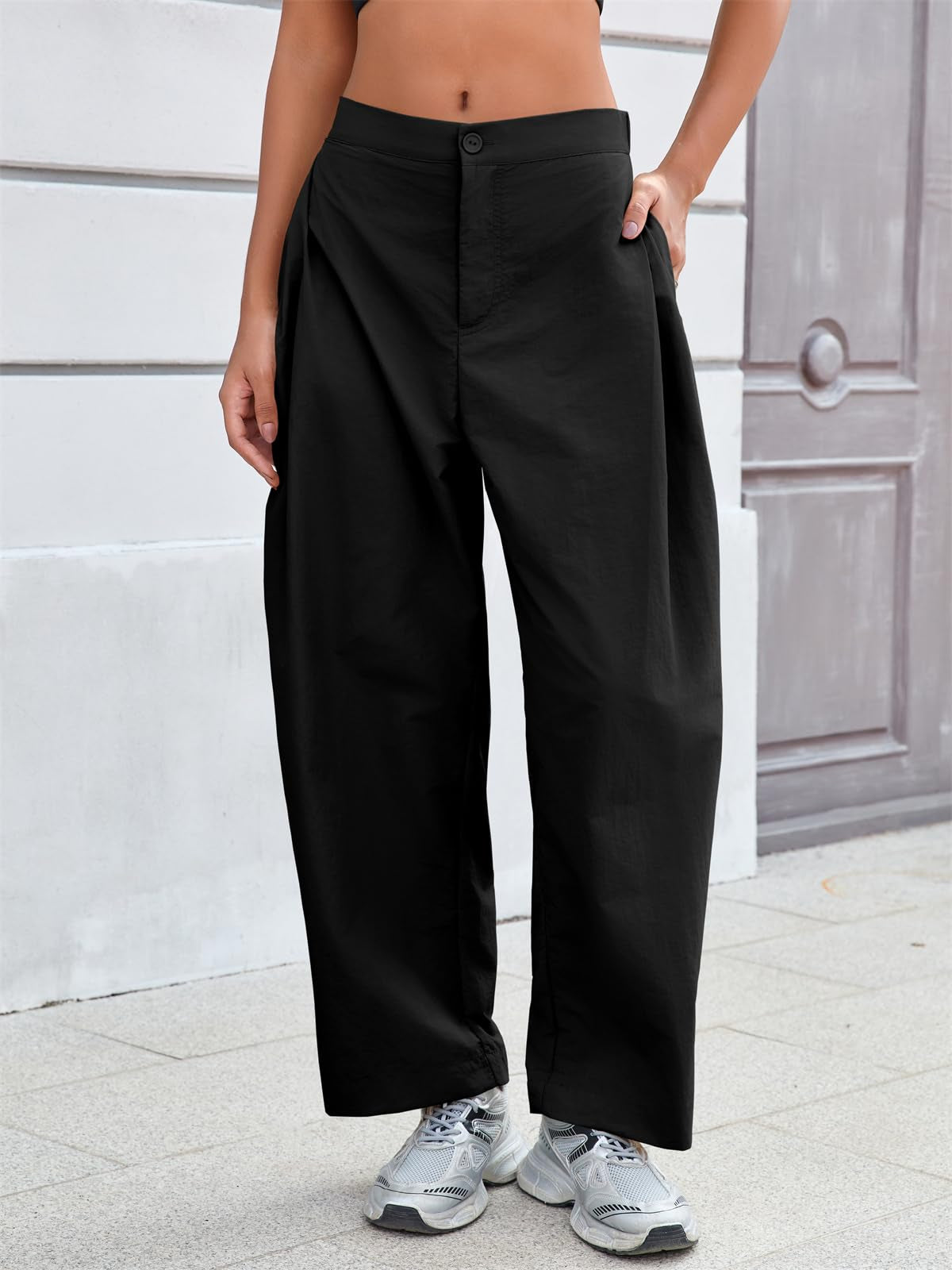 Fisoew Barrel Pants Women Casual Wide Leg Baggy Pants Side Pleated Horseshoe Style Trousers With Pockets