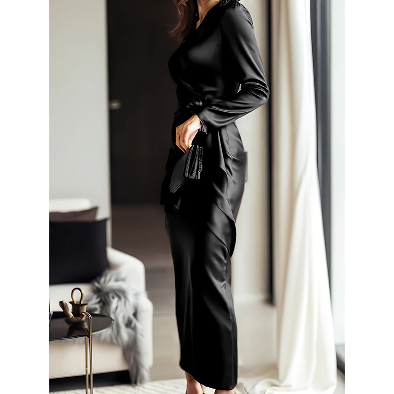 Women's Burgundy Satin Midi Dress Elegant V-Neck Long Sleeve Bodycon Dress With Belted Waist