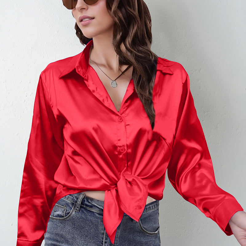 Women's Elegant Satin Lapel Shirt, Long Sleeve Button-Down Blouse For Casual And Office Wear