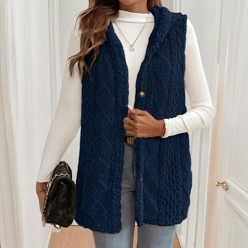 Women's Textured Sleeveless Hooded Vest, Button-Front Layering Piece For Fall & Winter Outfits