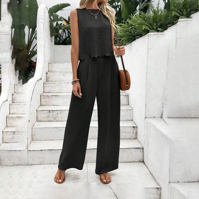 Women's Elegant 2-Piece Matching Set, Sleeveless Crop Top And Wide Leg Pants Outfits