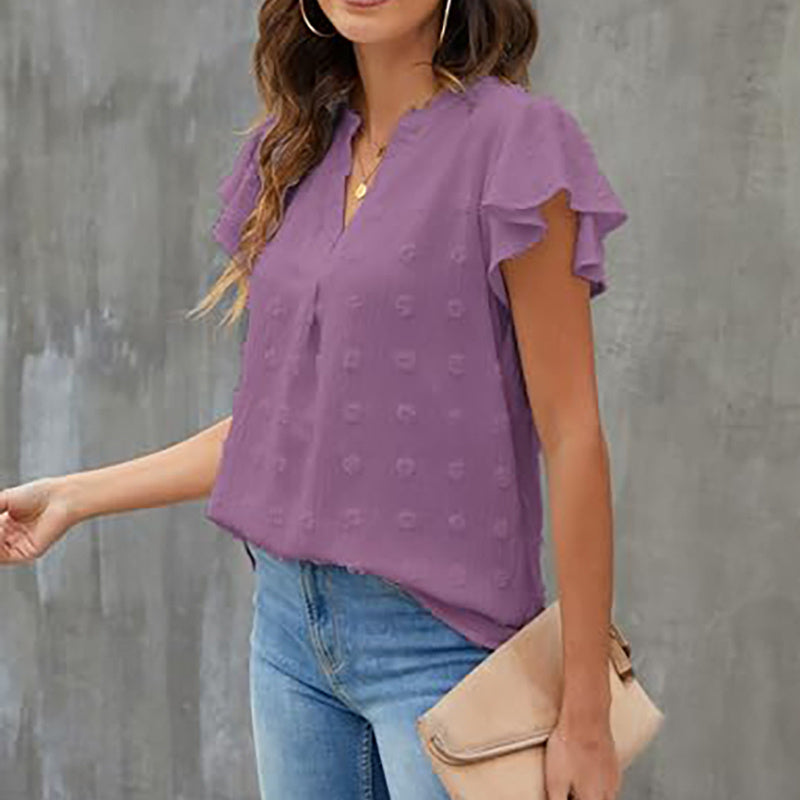 Women's Summer V Neck Ruffle Short Sleeve Blouse Business Office Casual Top Shirts