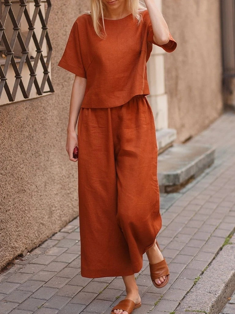 European And American Women's Linen Casual Loose Solid Color Suit Two-piece Women