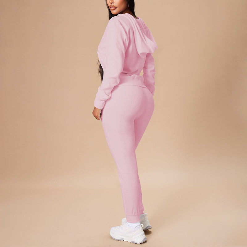 Women's Solid Color 2-Piece Set Zip Pocket Drawstring Hooded Crop Top & Slim Fit Pocket Pants - Ribbed Detail Casual Outfit
