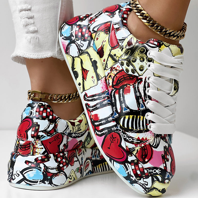 Women's Casual Round Toe Thick Sole Lace-Up Sneakers, Random Print Design, Comfortable Sporty Shoes For Daily Wear
