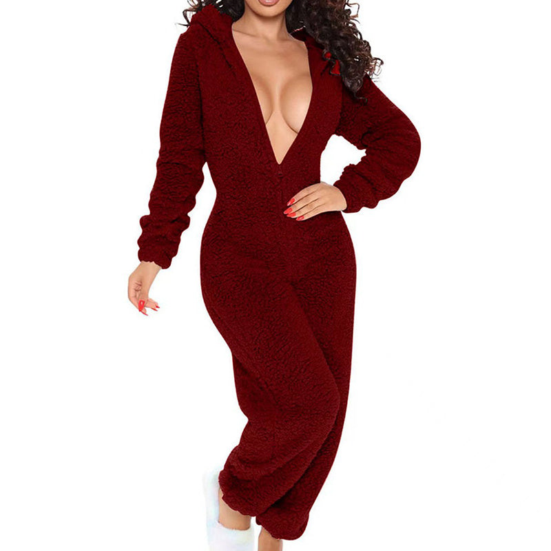 Women's Solid Color Plush Hooded Tracksuit Set Zip-Up Long Sleeve Top And Pants For Winter Loungewear