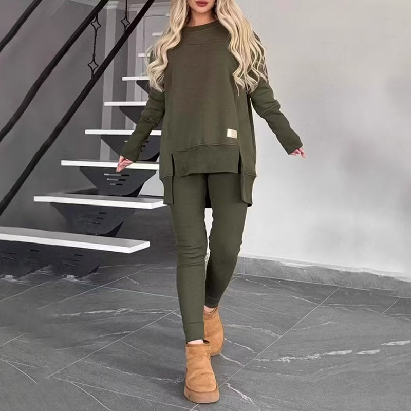 Women's 2-Piece Lounge Set, Casual Long Sleeve Side Slit Sweatshirt Outfit With Stretchy High Waist Leggings