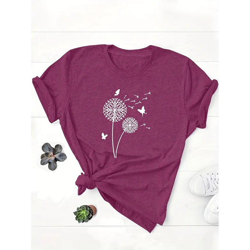 Women's Dandelion Print T Shirts Cute Graphic Tees Short Sleeve Summer Tee Tops