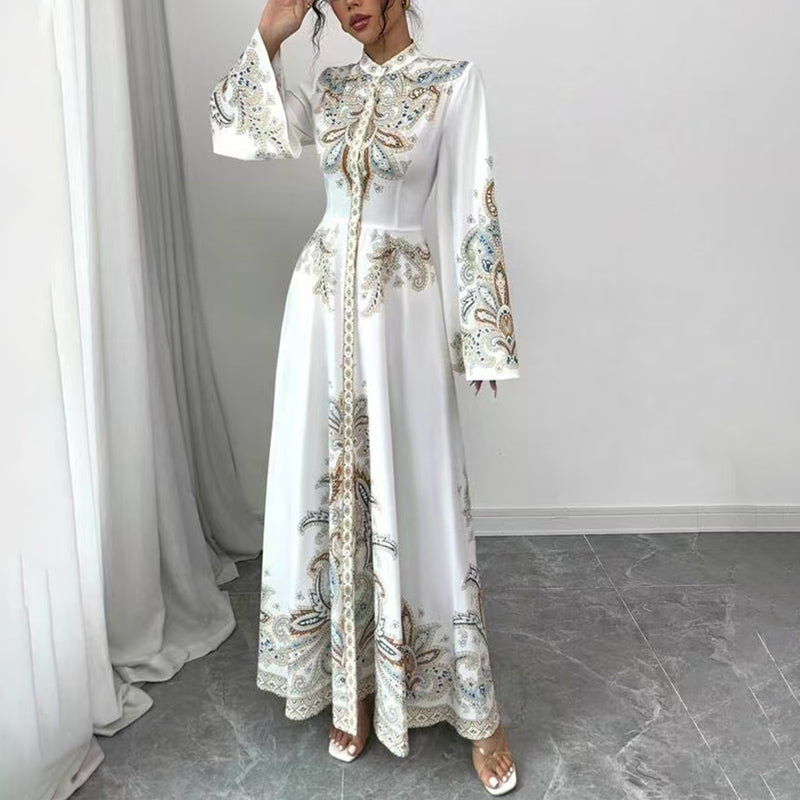 Elegant High-Neck Floral Maxi Dress - Long Flowy Sleeves, Modest A-Line Middle Eastern Style Gown Vacation & Party Dress For Women