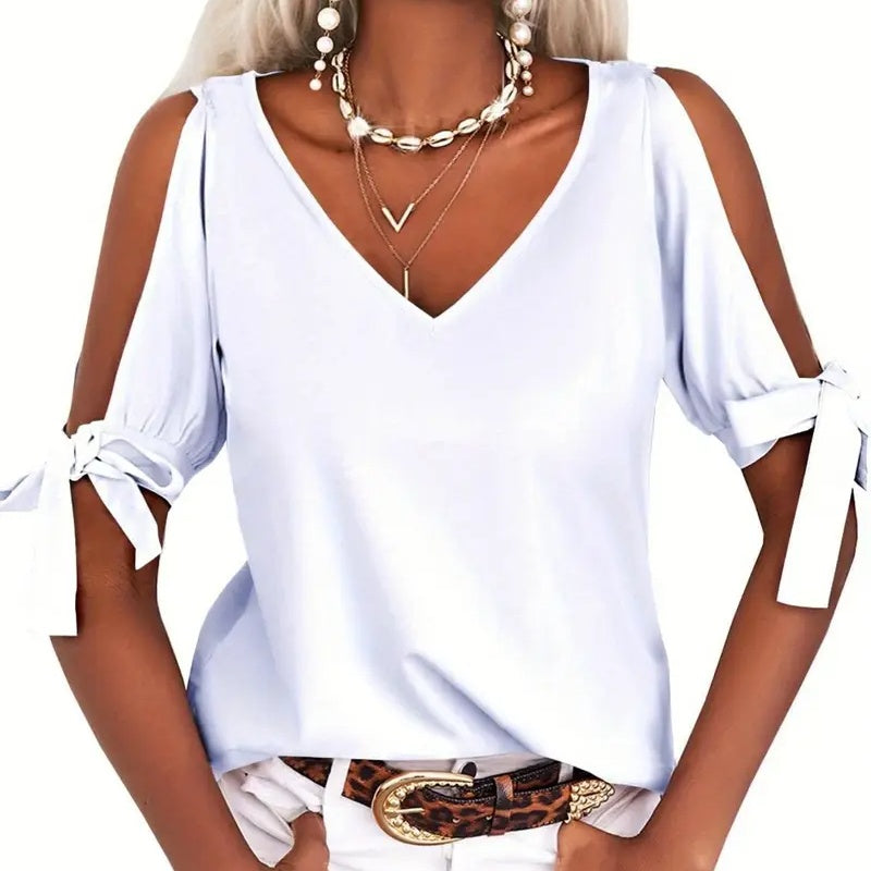 Womens Summer Cold Shoulder Tops Short Sleeve Tie Knot V Neck T Shirts Blouses