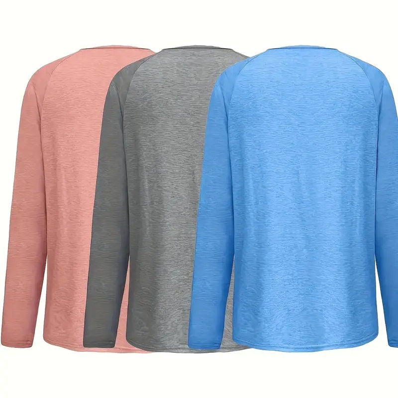 3-Pack Notch V Neck Long Sleeve Shirts Women Loose Fit Tshirts Tee Casual Tops