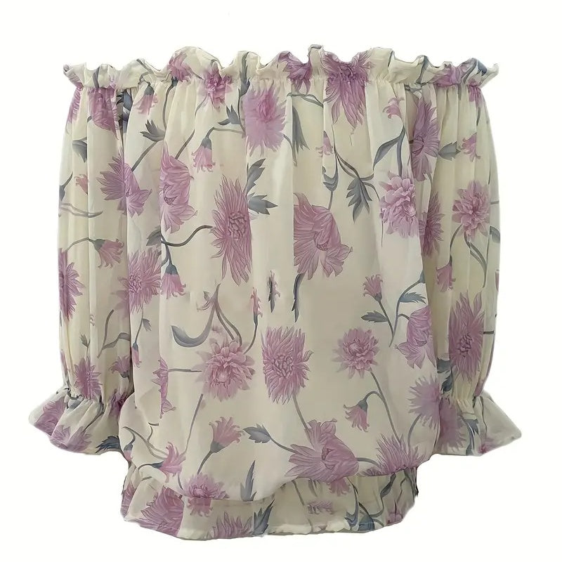 Womens Summer Off Shoulder Blouse Floral Print Ruffle Sleeve Casual Chiffon Tops Shirts