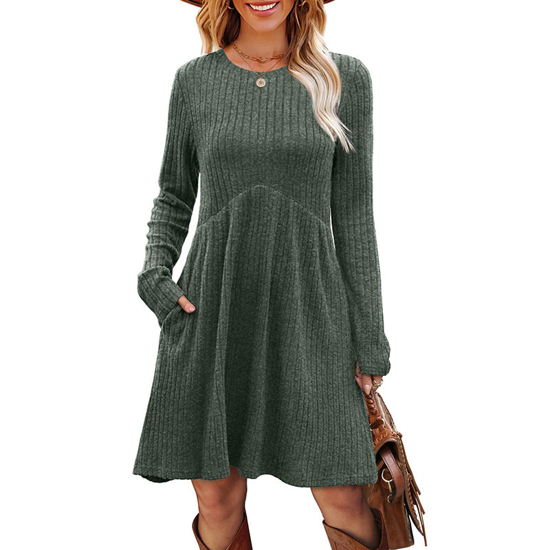 Women's Solid Color Long Sleeve Knit Dress Round Neck Pocket Shift Dress For Spring & Fall