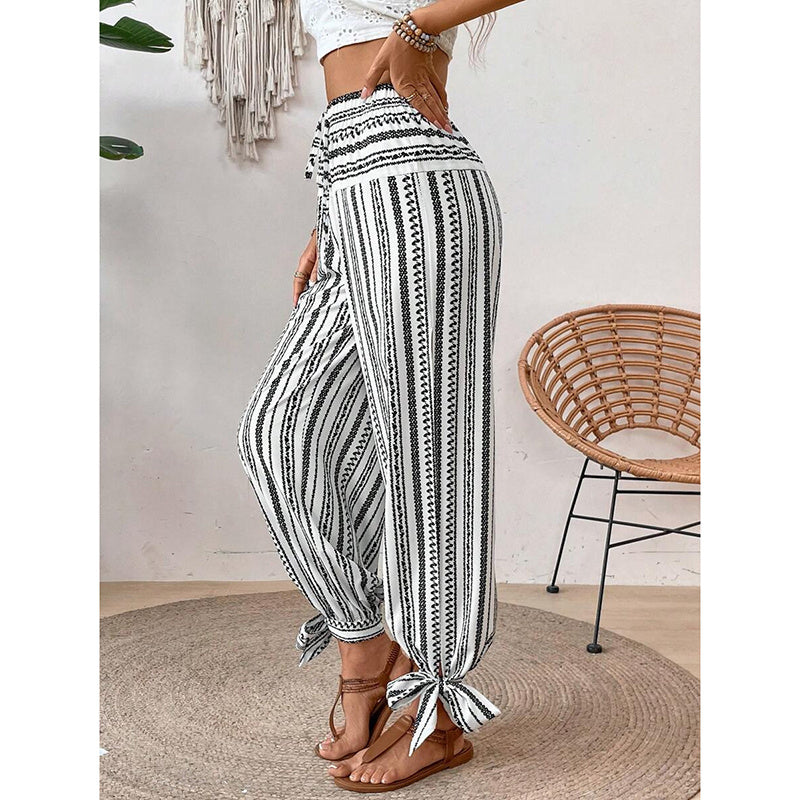 Women's Fashion Striped Long Pants Side-Slit Design Trendy Casual Trousers