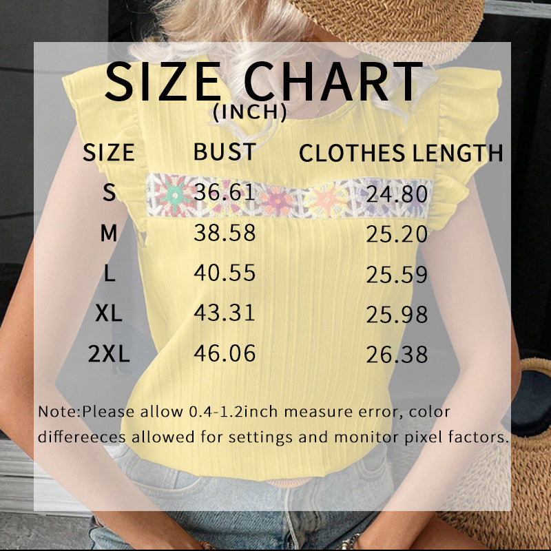 Women's Ruffle Short Sleeve Summer Tops Cute Crew Neck Floral Crochet Blouses Shirts