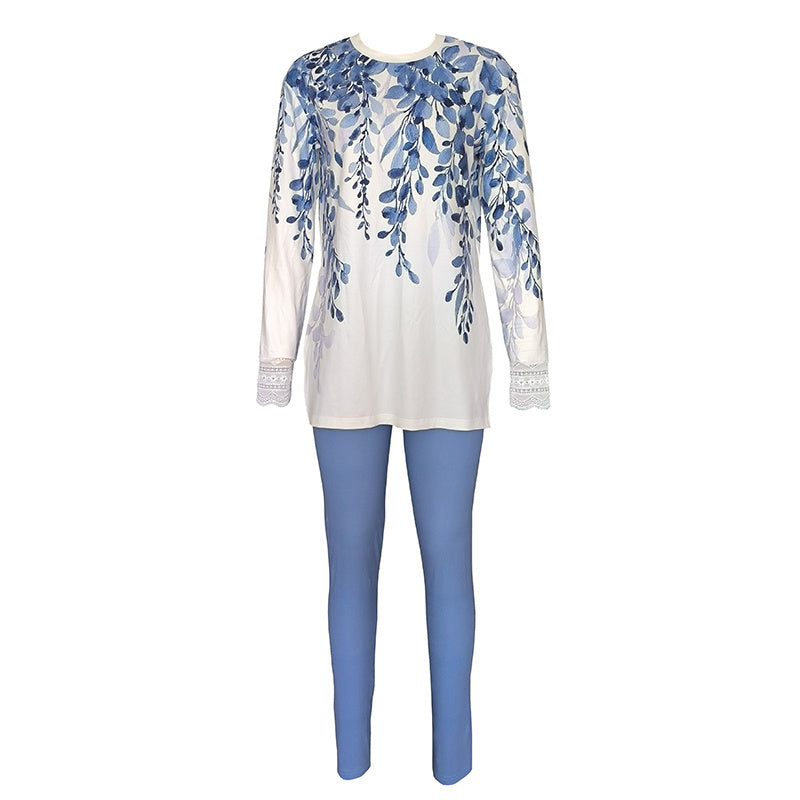 Women's Round Neck Printed Slit Long Sleeve Top & Long Pants Set - Casual Loungewear Outfit