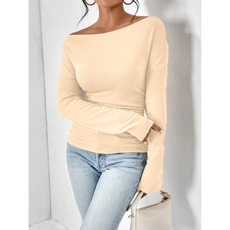 Women's Off The Shoulder Tops Long Sleeve T Shirts Going Out Tops Casual Trendy Ruched Slim Fitted Tees