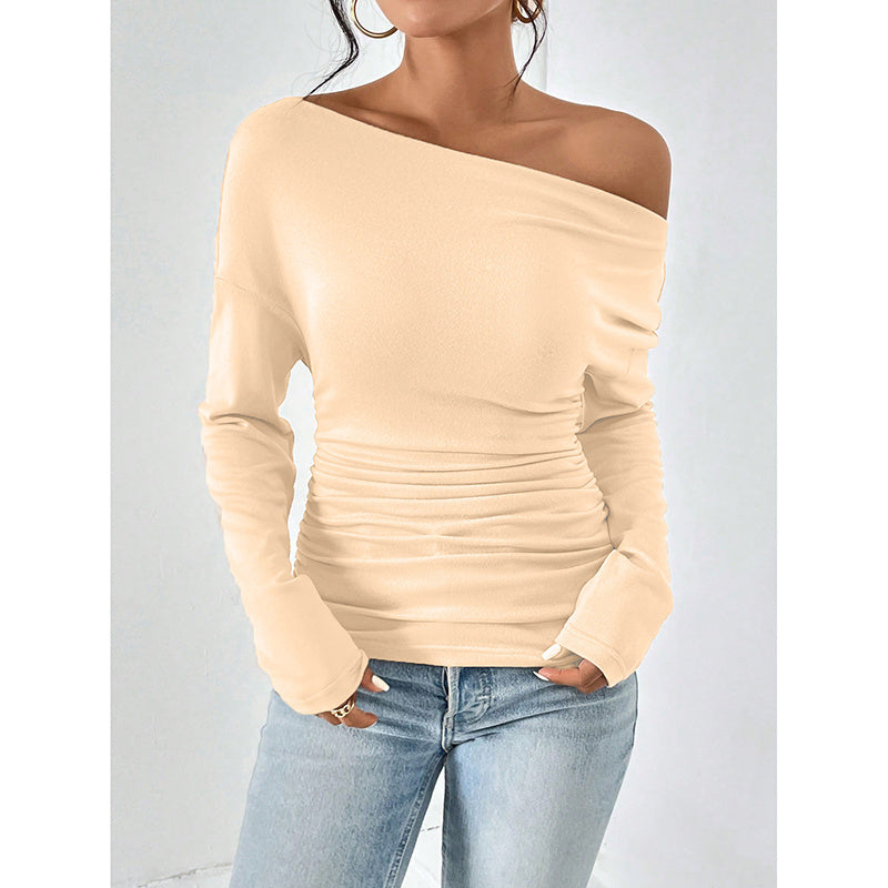 Women's Off The Shoulder Tops Long Sleeve T Shirts Going Out Tops Casual Trendy Ruched Slim Fitted Tees