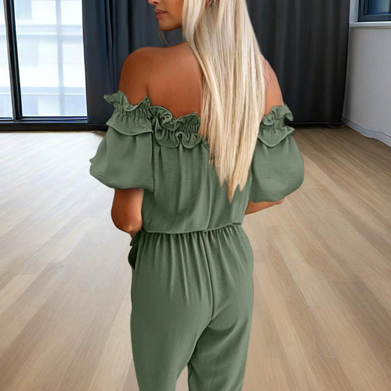 Women's Solid Color Elegant Off-Shoulder Jumpsuit With Ruffle Sleeves & Tie-Waist Summer Casual Romper