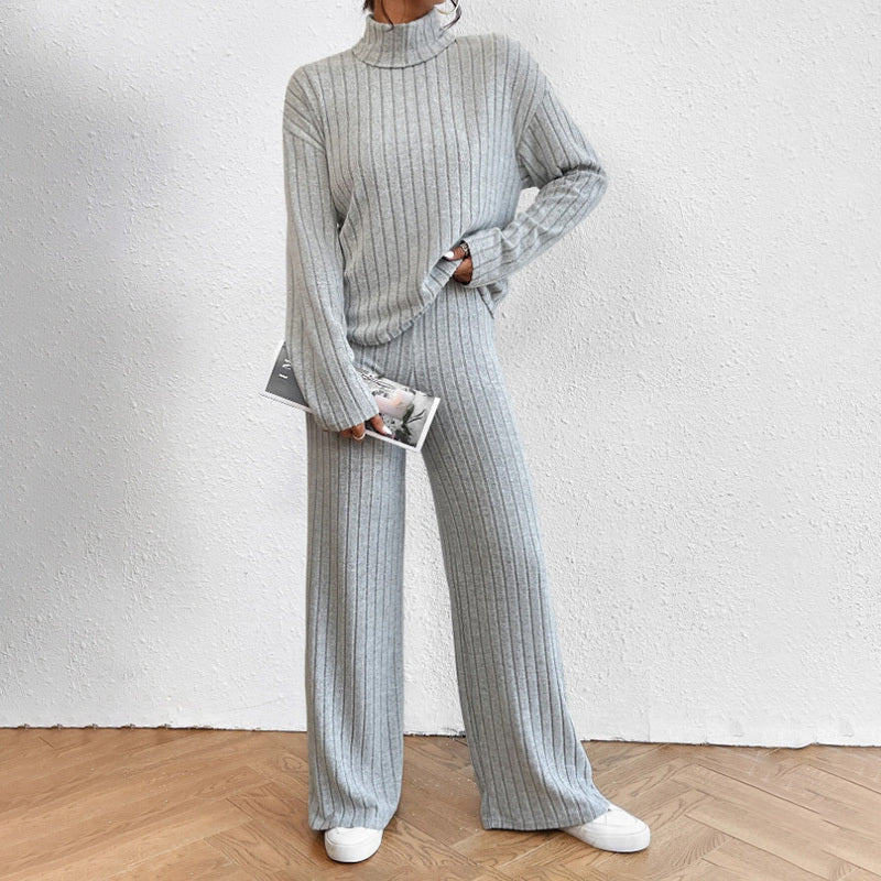 Women's Solid Color 2-Piece Set High Neck Long Sleeve Top & Pants, Striped Loungewear For Fall&Winter