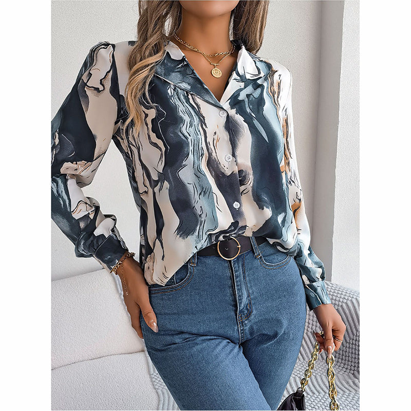 Women Fashion Button Down Shirts V Neck Printed Long Sleeve Blouses Dressy Casual Fall Tops