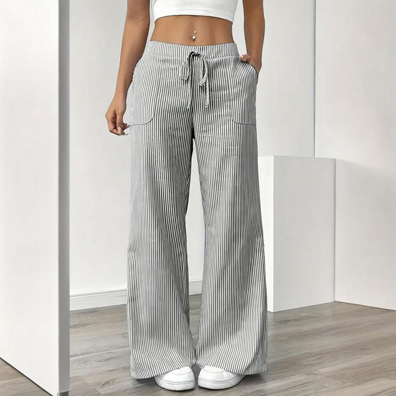 Women's Striped Print Straight Wide Leg Pants Drawstring Waist Slant Pockets Pants Casual Long Pants