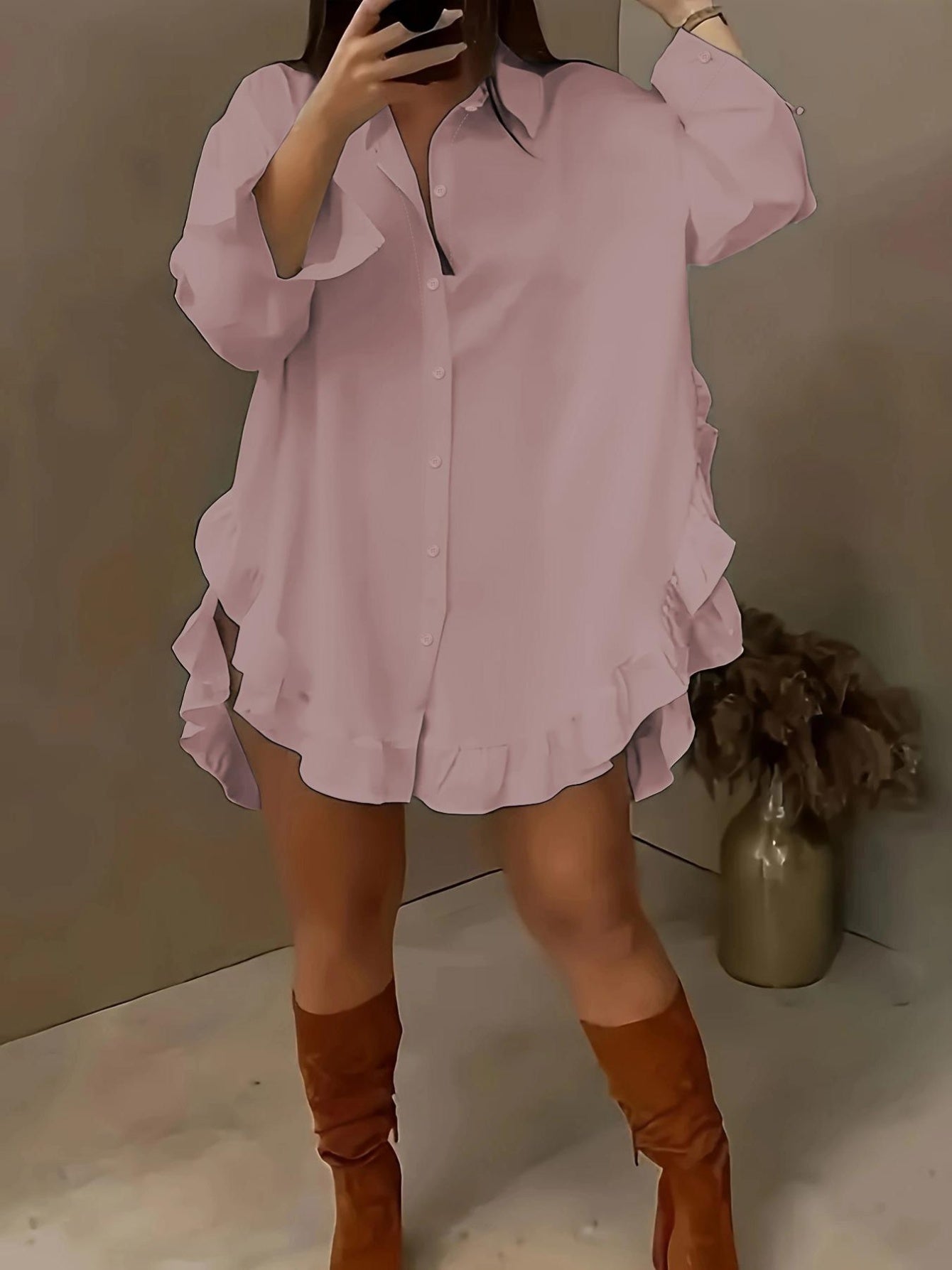 Women's Plus Size Casual Shirt With Ruffle Hem, Solid Color, Woven Polyester, Non-Stretch, Pointed Collar, Button Front, For All Seasons