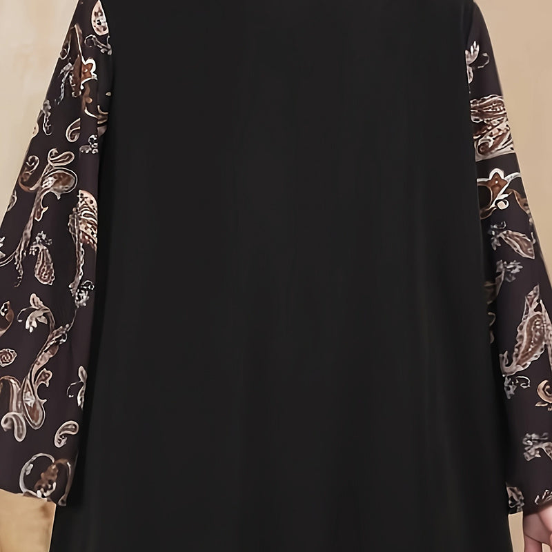 Women's Plus Size Bohemian Floral Printed Maxi Dress, Pleated Front Long Sleeve Crew Neck Loose Fit