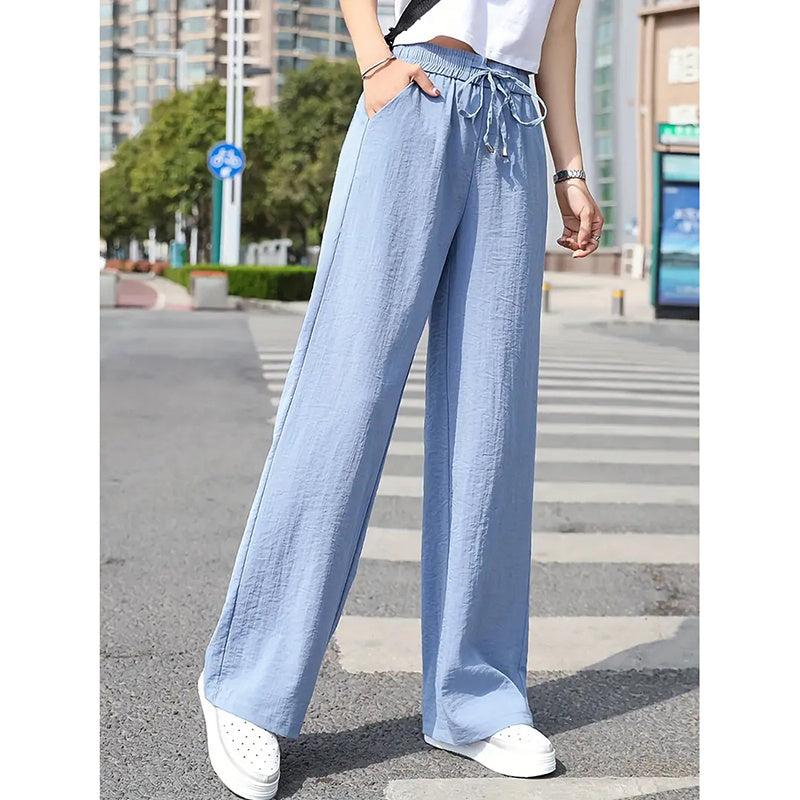 Women's Casual Pants Drawstring Elastic Waist Pants Flowy Wide Leg Trousers With Pockets