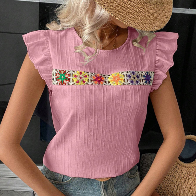 Women's Ruffle Short Sleeve Summer Tops Cute Crew Neck Floral Crochet Blouses Shirts