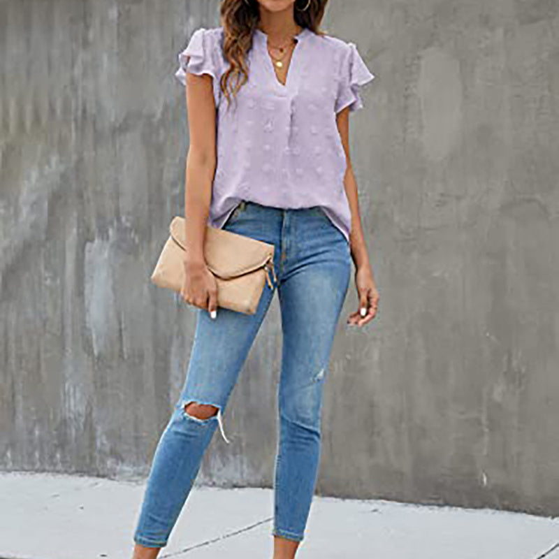 Women's Summer V Neck Ruffle Short Sleeve Blouse Business Office Casual Top Shirts