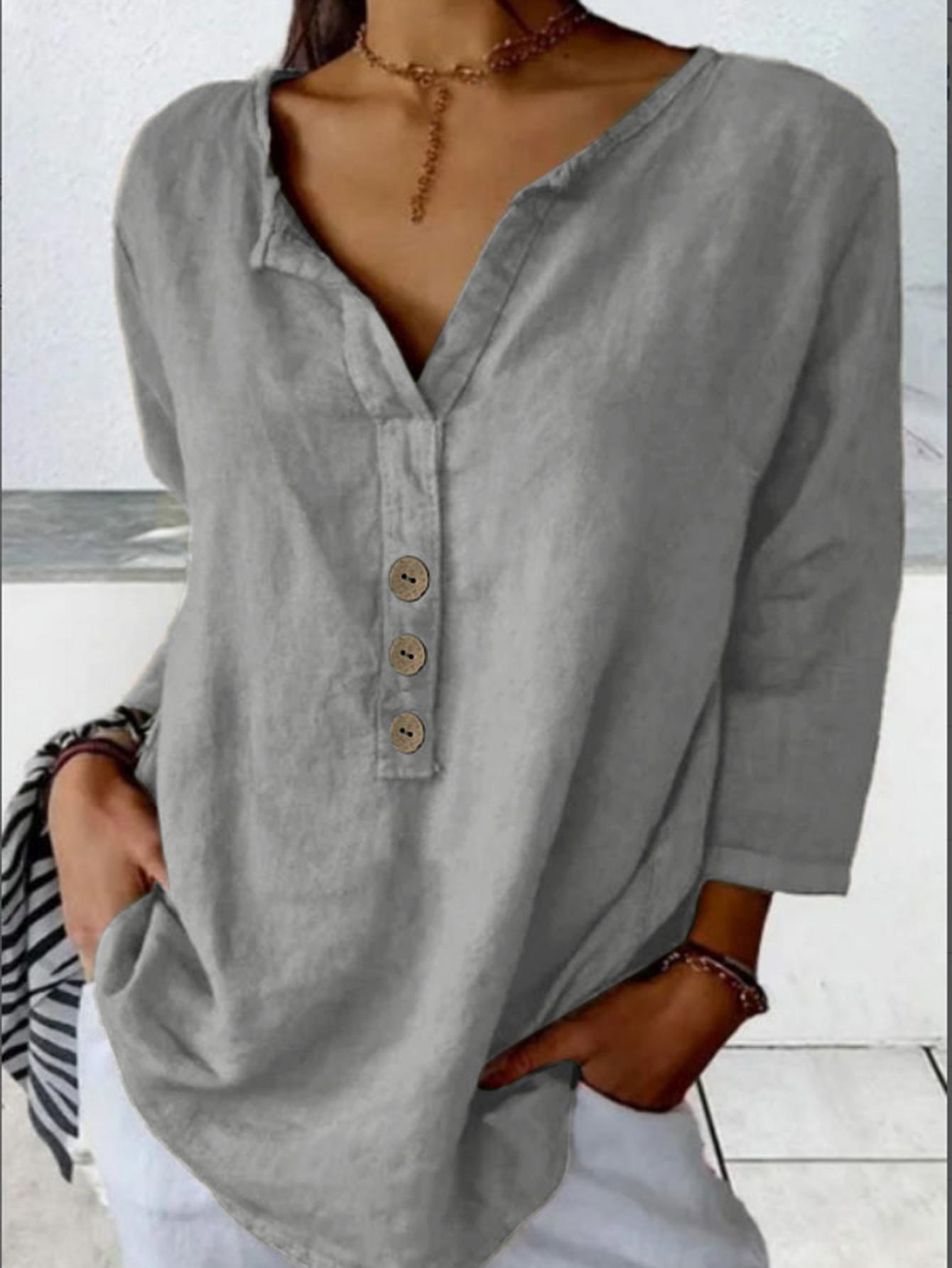 Solid Color Notched Collar Shirt Casual Button-down Shirt