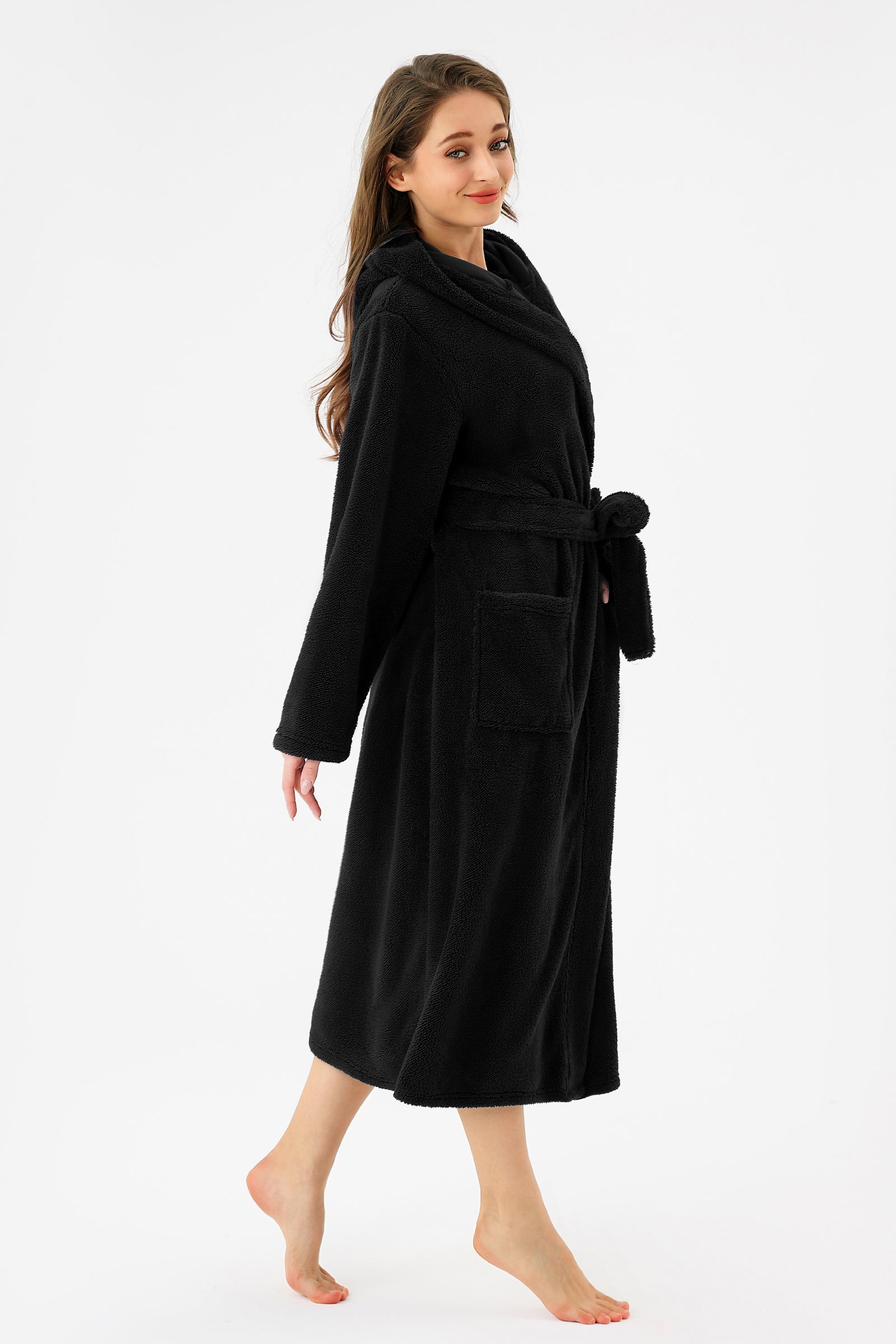 RONGTAI Womens Hooded Robe Long Plush Fleece Bathrobe With Pockets Nightwear S-XXL