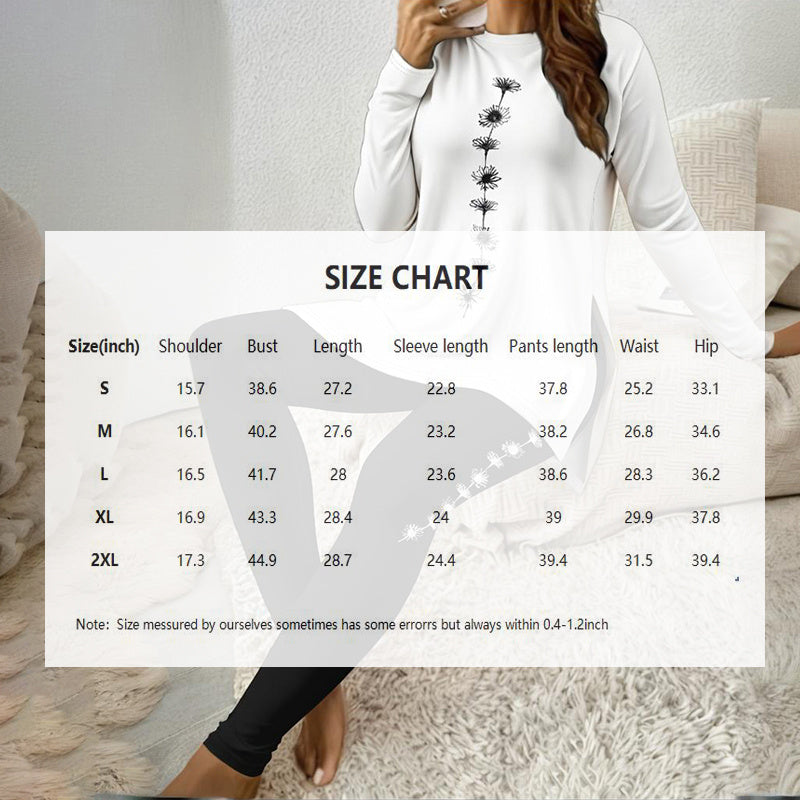 Women's Round Neck Printed Slit Long Sleeve Top & Long Pants Set - Casual Loungewear Outfit