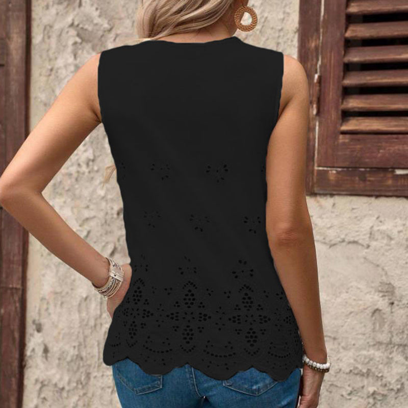Women's Embroidered Eyelet Tops Notched Neck Sleeveless Lace Trim Blouses Shirts