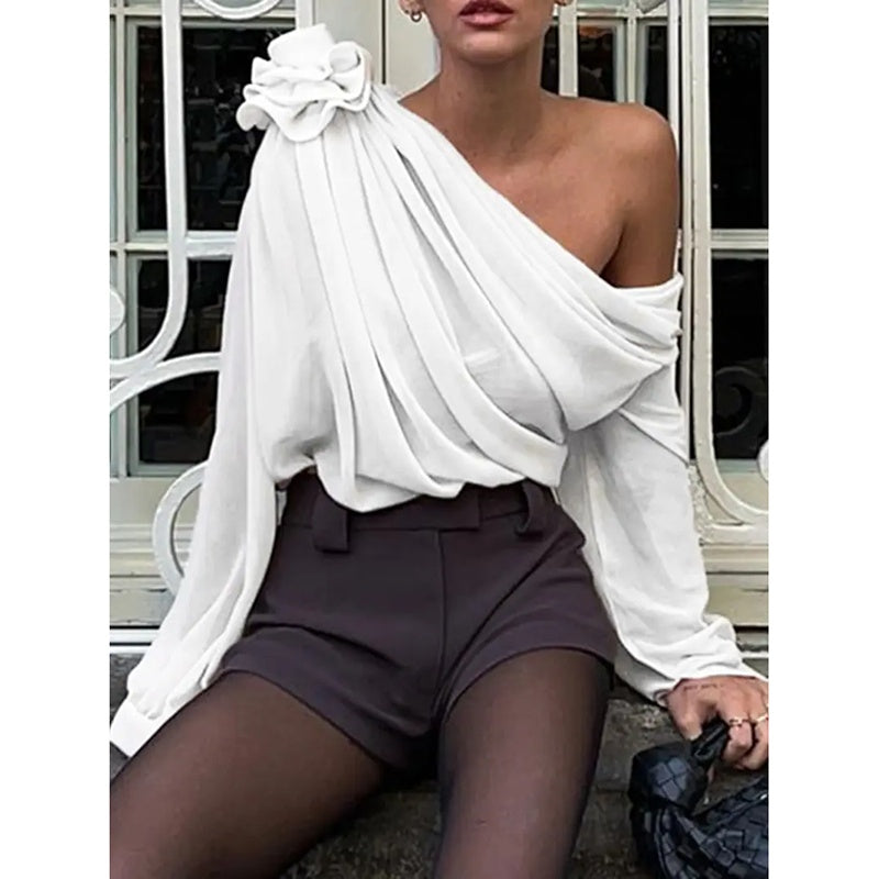 Women's Off Shoulder Tops Elegant Long Sleeve Asymmetrical Neck Ruched Chiffon Blouse Shirts Going Out Top Y2k Shirts