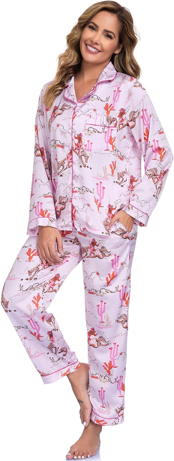 RONGTAI Womens Pajama Sets Button Down Long Sleeve Lapel Shirt With Pocket Matching Pj Pants Two Piece Loungewear Set